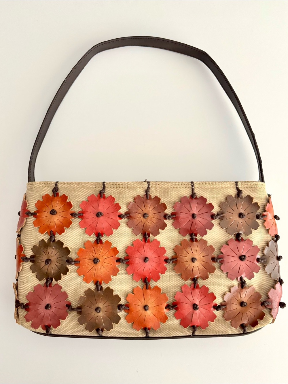 Rolfs Linen & Leather Floral Appliqué Shoulder Bag Boho